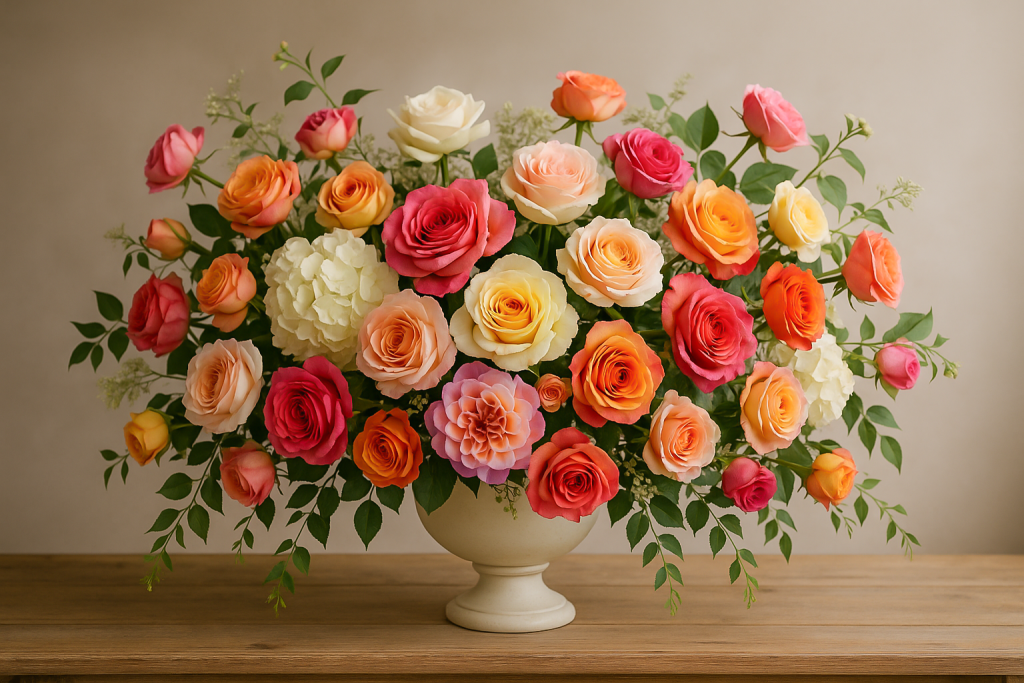 Spectacular luxury wedding flower arrangement featuring white, cream, blush, and apricot roses, hydrangeas, and dahlias with trailing greenery in a classic white pedestal vase. Designed by FleursTouch, professional florist serving Tacoma and Seattle, Washington.